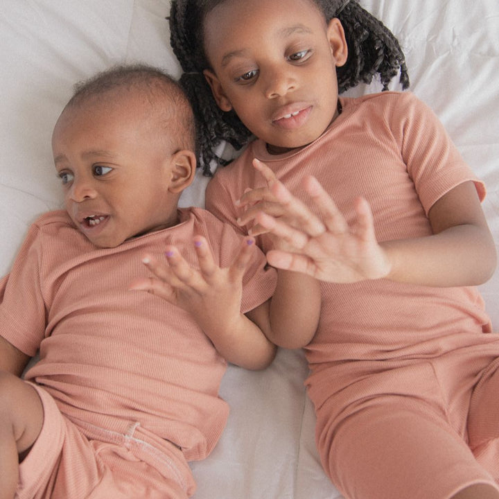 Children Top and Shorts Pajama Set in Light Coral - Sunday Hug