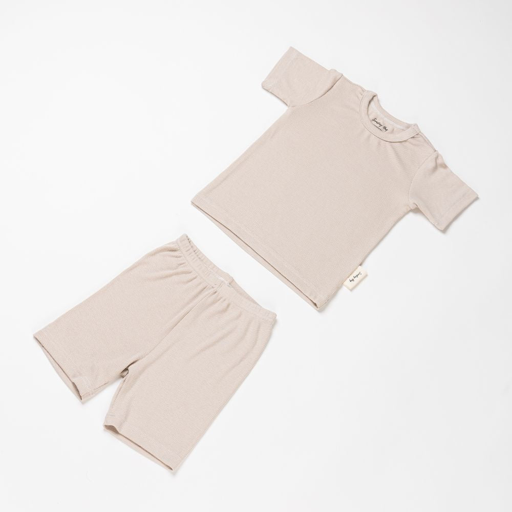 Children Top and Shorts Pajama Set in Oat - Beige - Sunday Hug