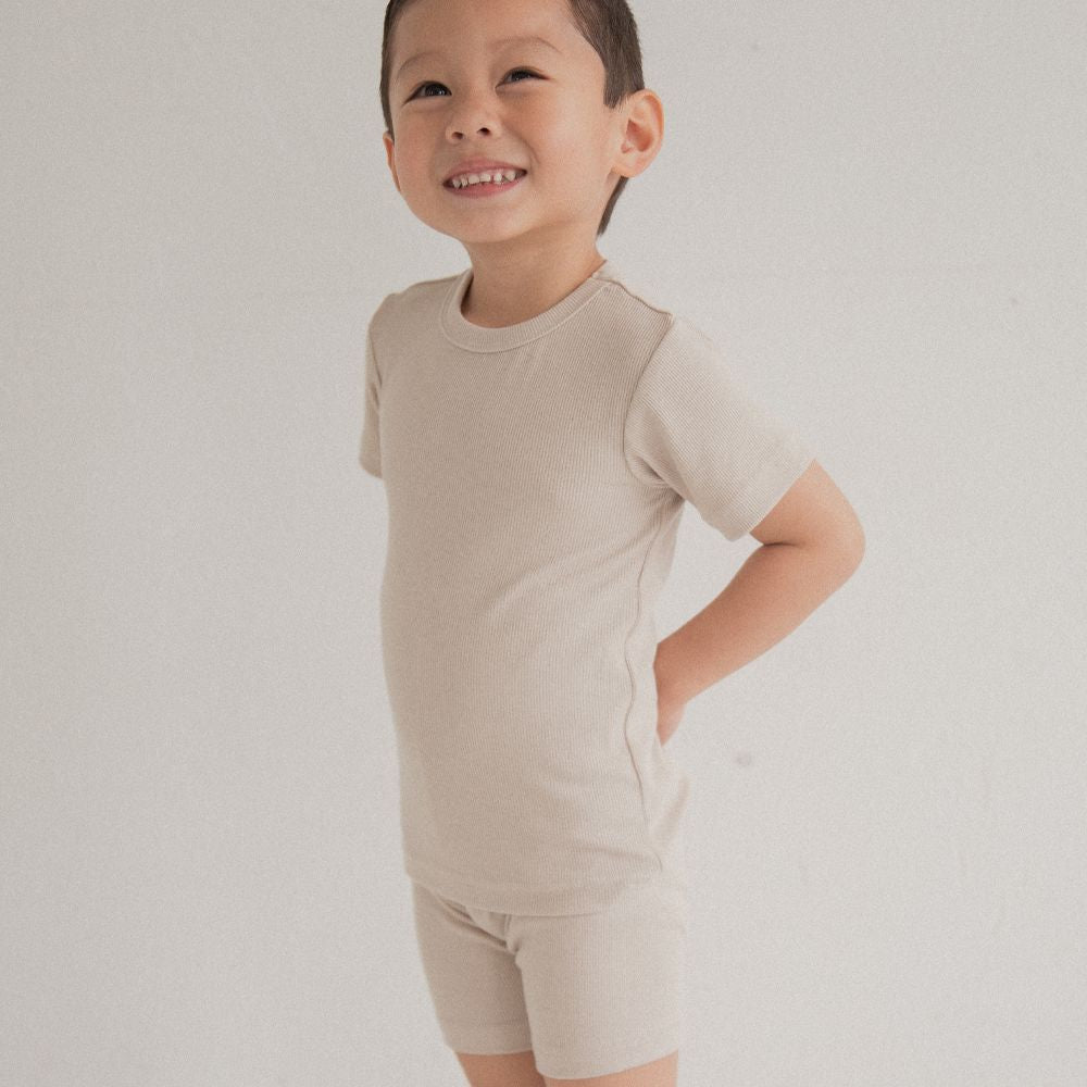 Children Top and Shorts Pajama Set in Oat - Beige - Sunday Hug